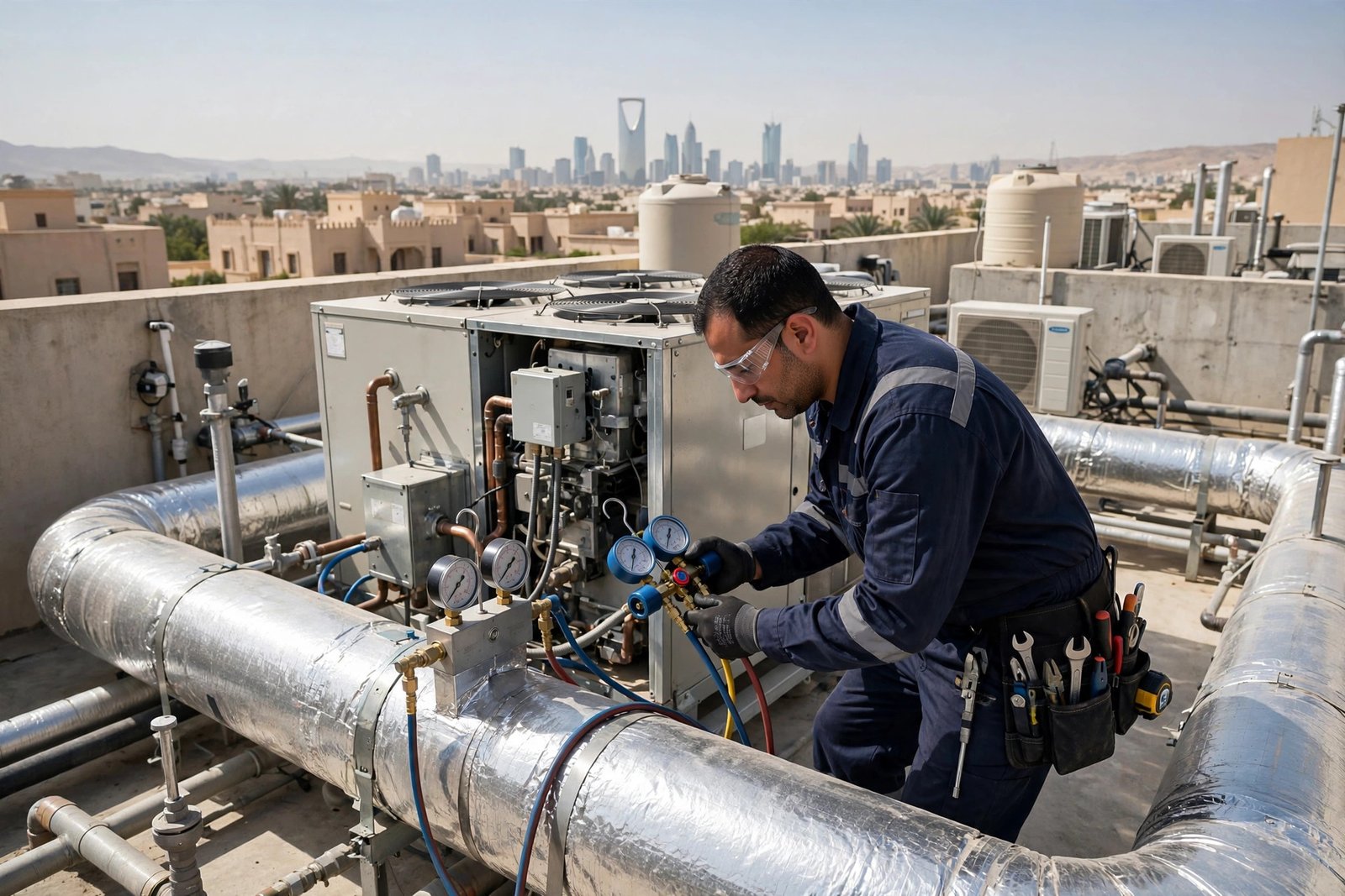 Central HVAC ductwork inspection during professional airflow balancing service for Riyadh villas