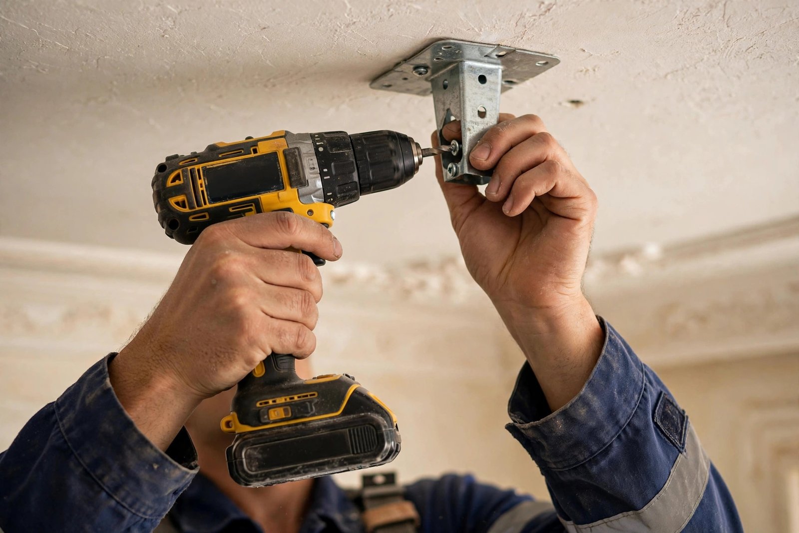Close-up of ceiling fan motor bracket installation on a Riyadh villa ceiling