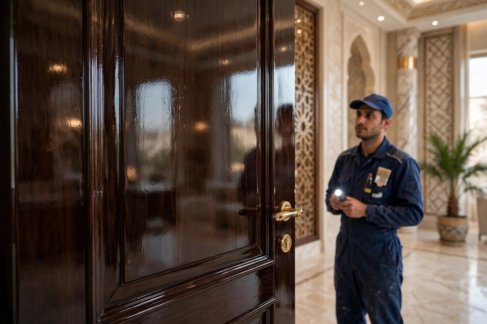Close-up of a freshly polished glossy wooden door, wooden door polishing service Riyadh finish