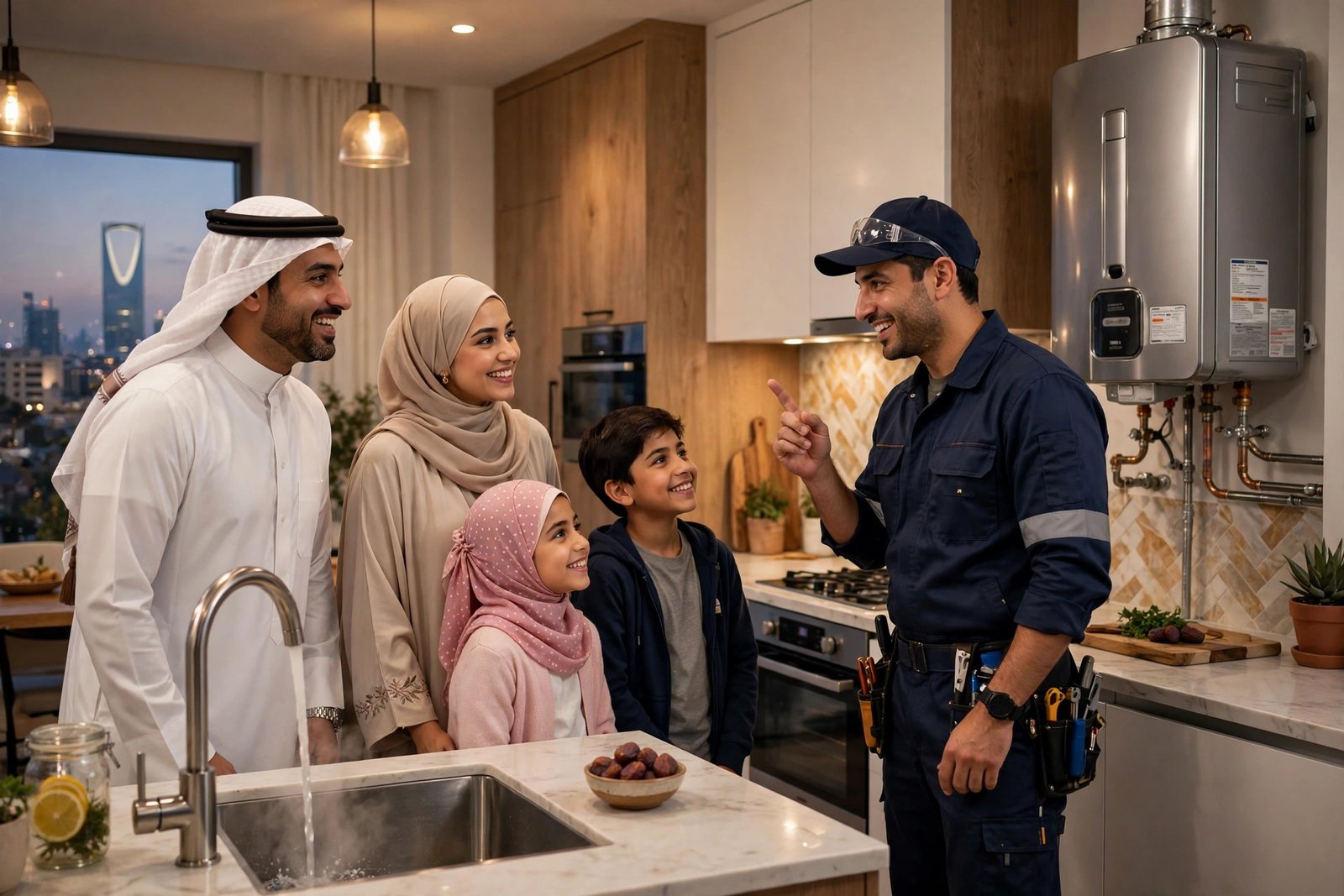 Saudi family enjoying hot water from a newly installed tankless water heater, tankless water heater vs sakhana winner for Riyadh homes