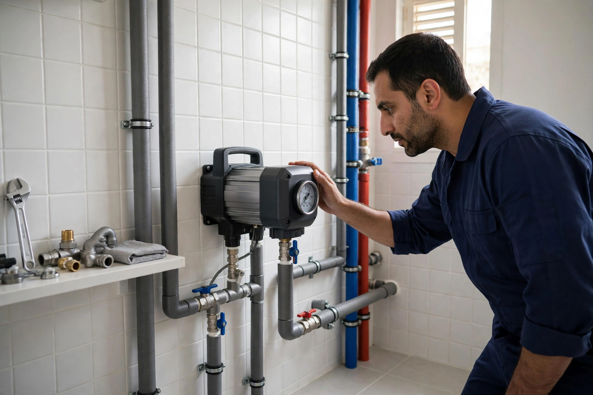 Technician checking a wall-mounted variable-speed booster pump, a top best water pump villa Riyadh pick