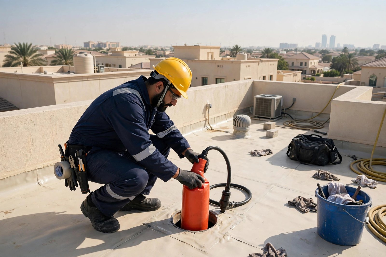 Sealing a roof drain before a waterproofing flood test on a villa rooftop in Riyadh