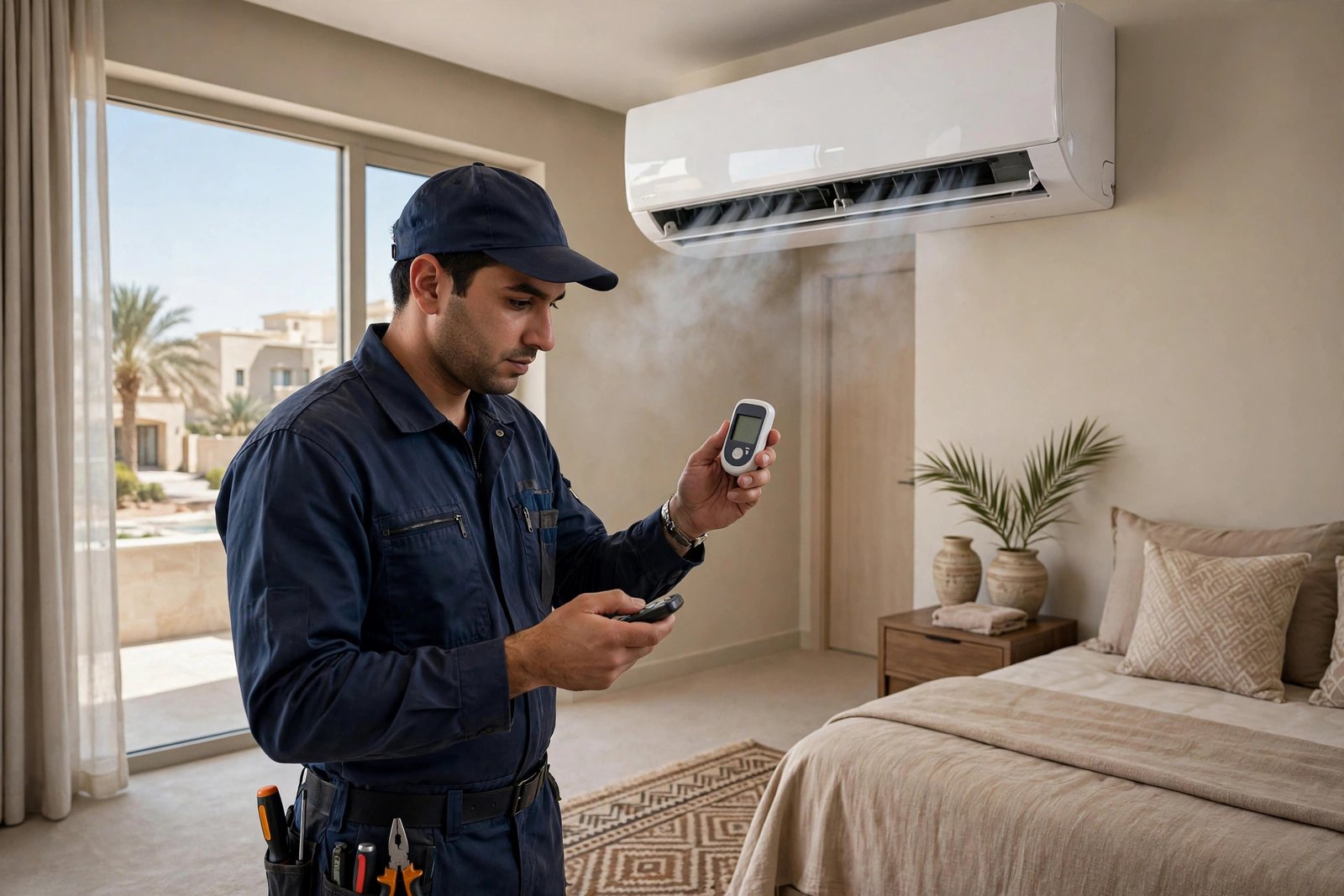 Final stage of the ac installation timeline stages: testing a newly installed split AC in a Riyadh villa