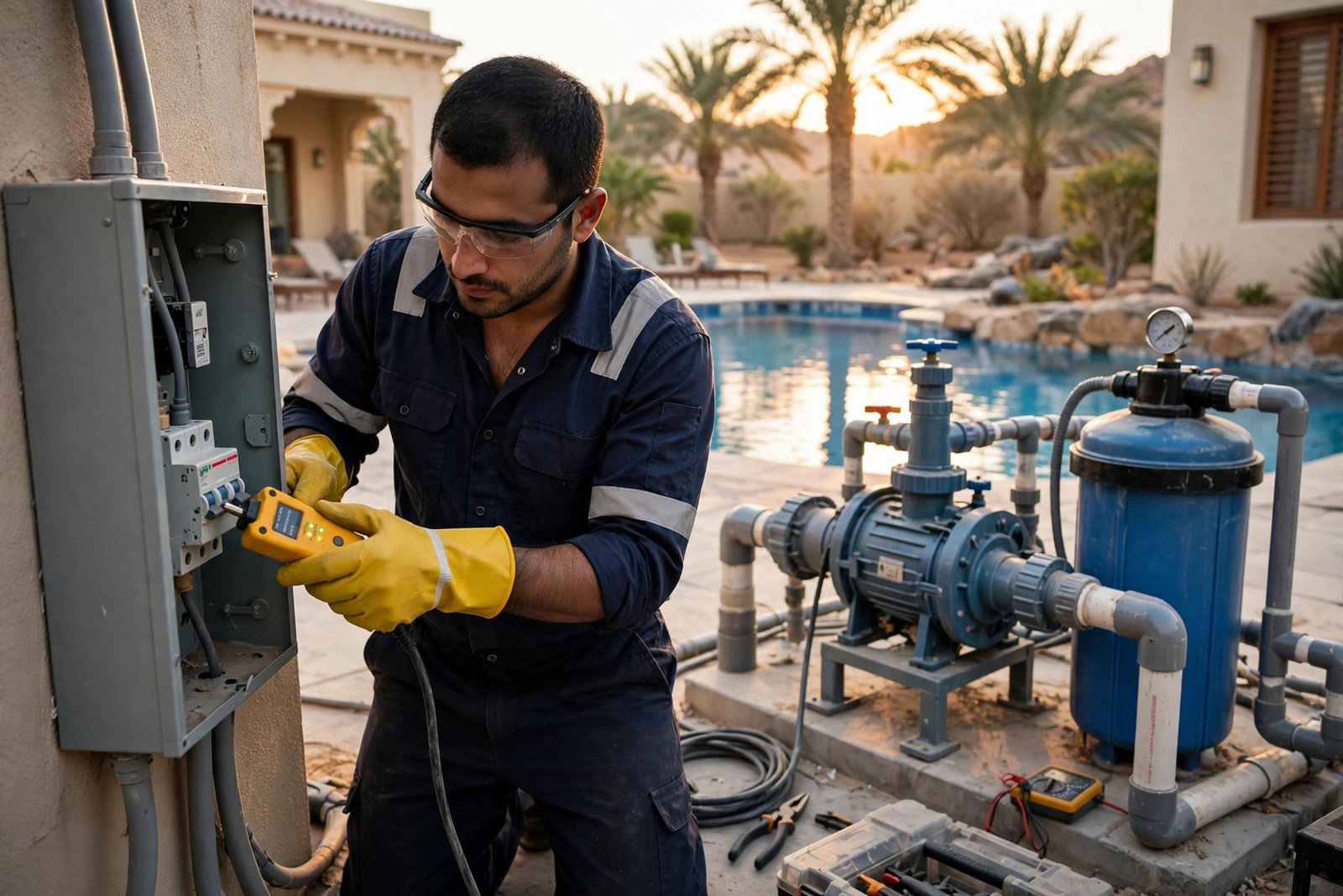 Electrician testing GFCI protection as part of pool pump wiring safety inspection at a Riyadh villa