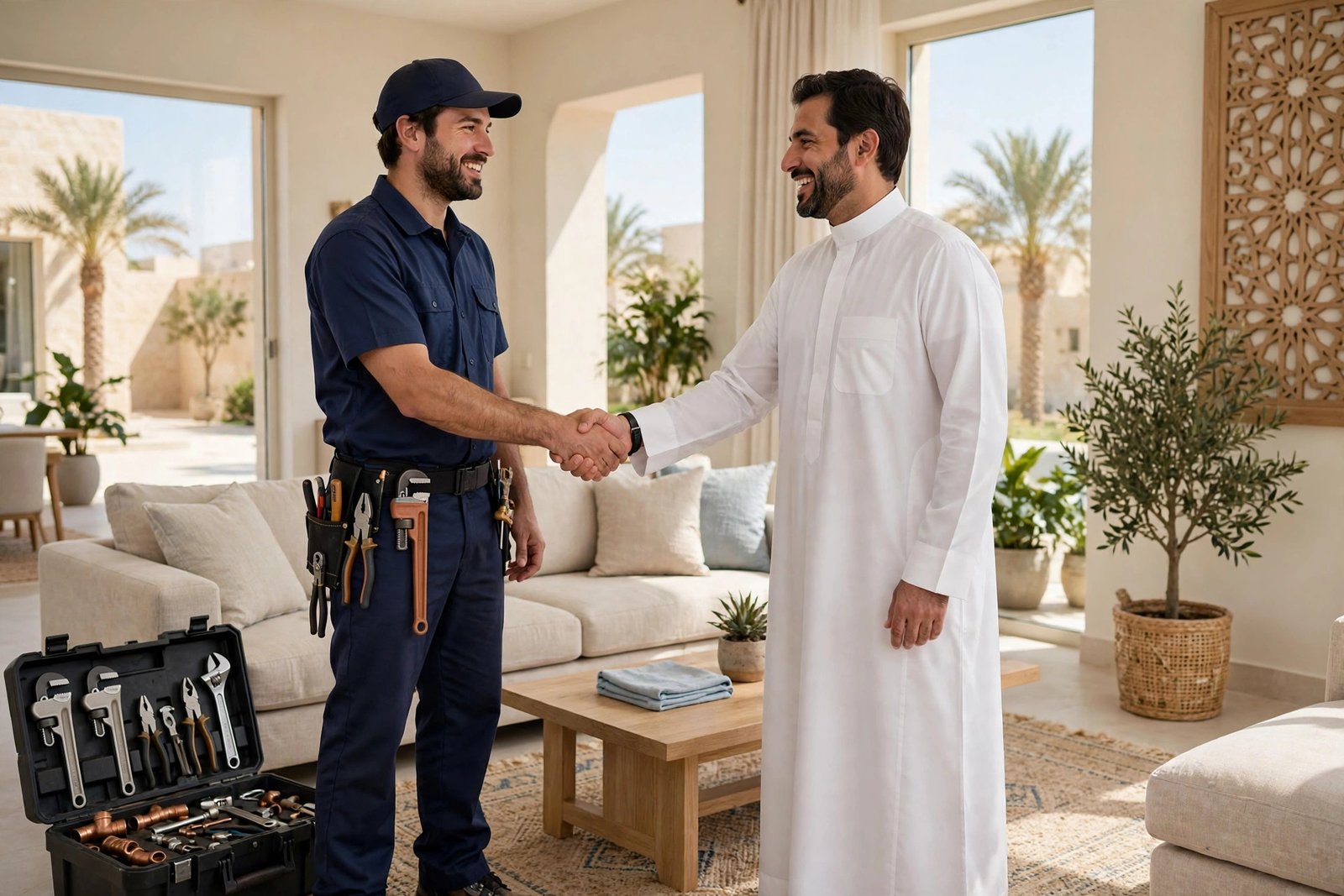 Homeowner shaking hands with plumber after accepting fair plumbing quotes Riyadh