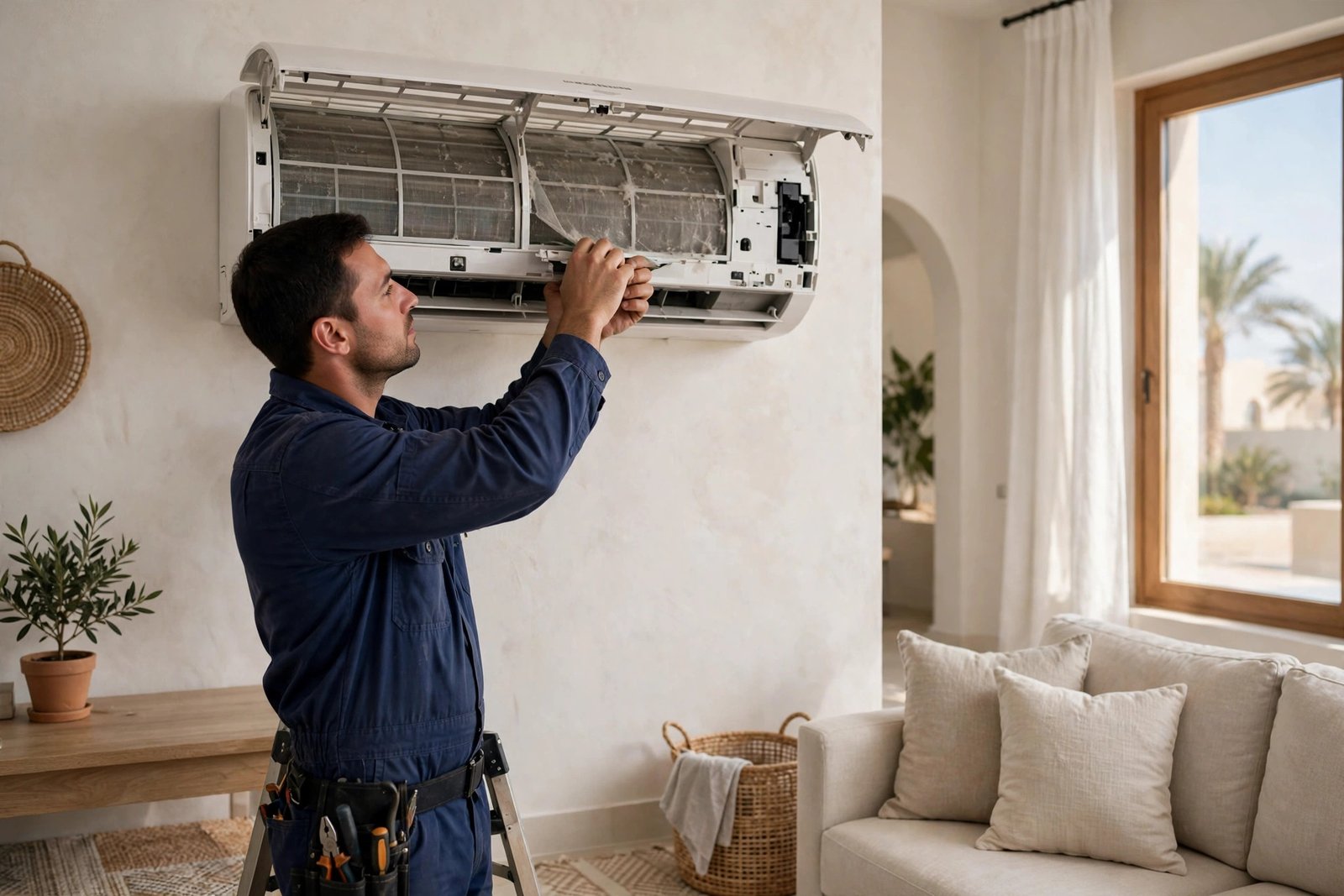 Servicing a wall-mounted split AC indoor unit and filters for split ac lifespan riyadh