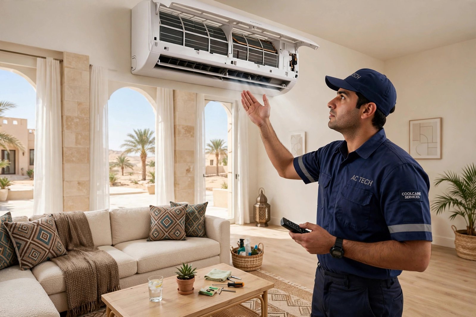 Gree AC maintenance Riyadh: technician testing cool airflow from serviced wall-mounted unit