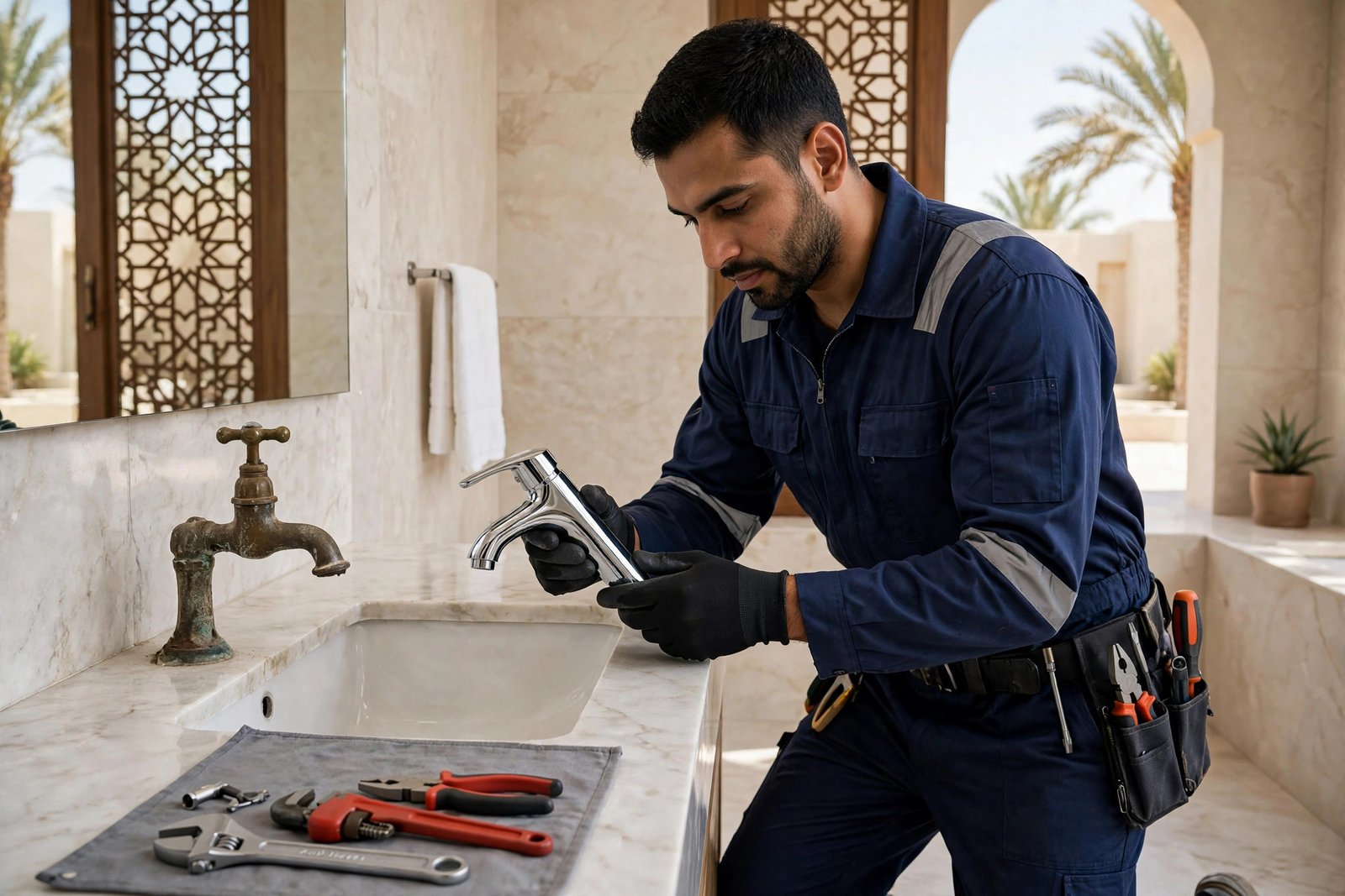 Plumber replacing a corroded tap, one of the simplest yellow tap water reasons to fix