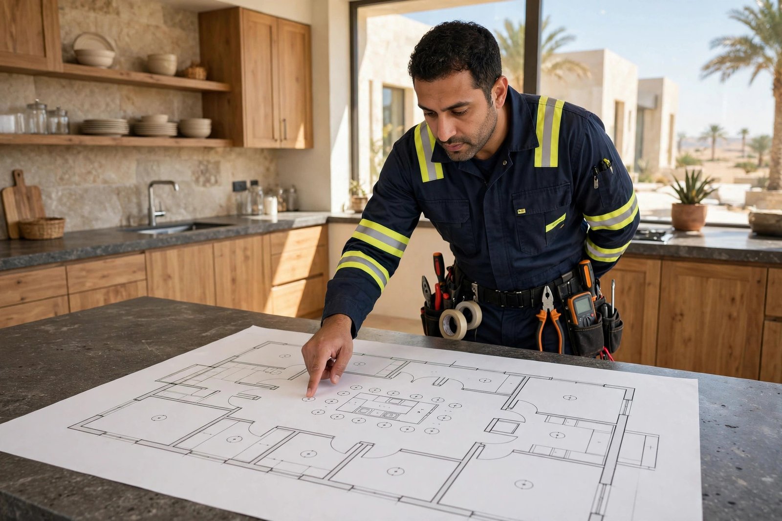 Electrician reviewing a villa socket planning floor plan in a modern Saudi villa kitchen