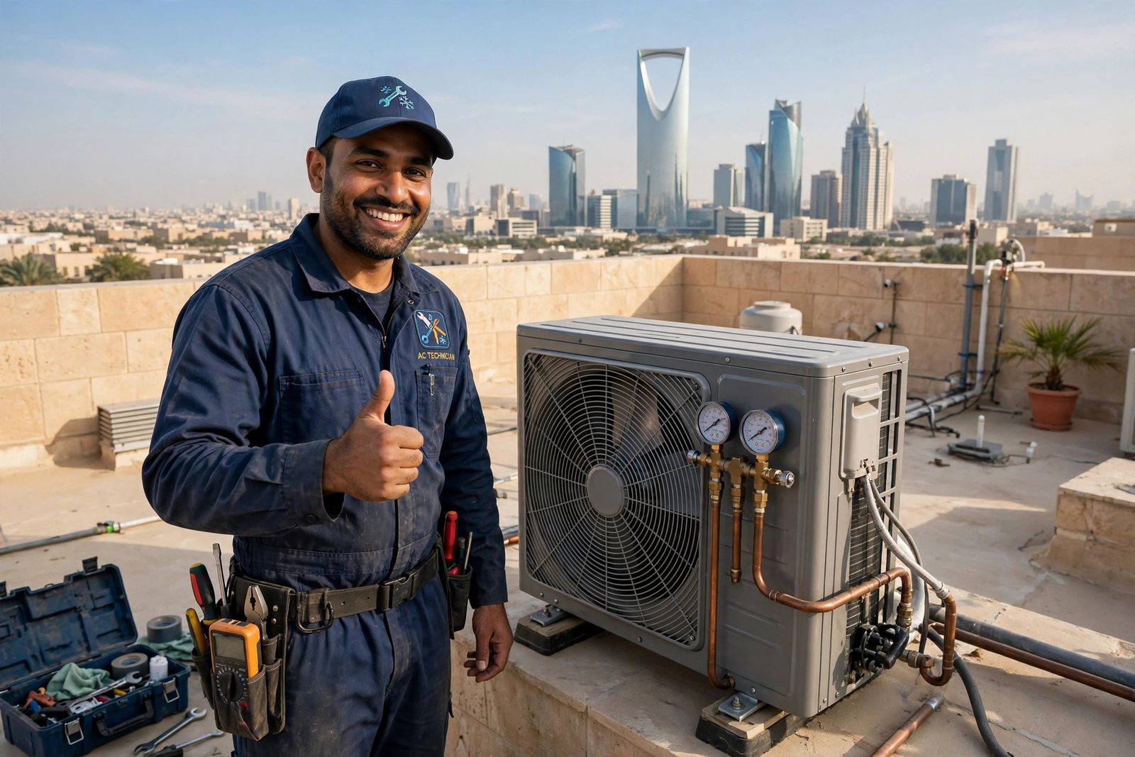 Technician confirming no more split ac capacitor replacement signs after AC repair in Riyadh