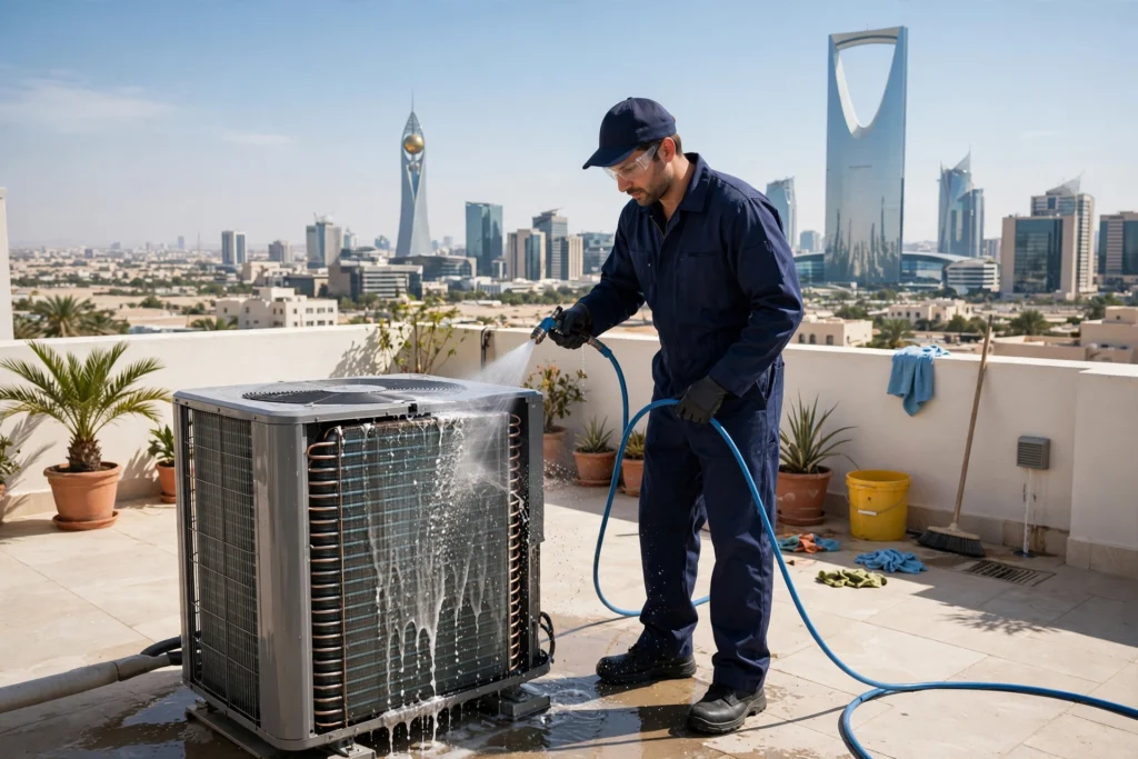 Technician cleaning AC condenser coils on a villa rooftop in Riyadh, coil cleaning keeps AC repair costs in Riyadh low