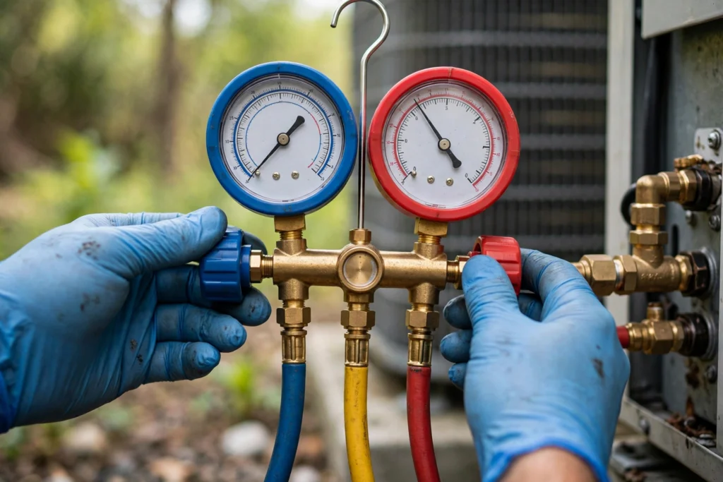 Refrigerant gauge check during AC gas refill service in Riyadh, fixed AC repair cost in Riyadh with no hidden fees