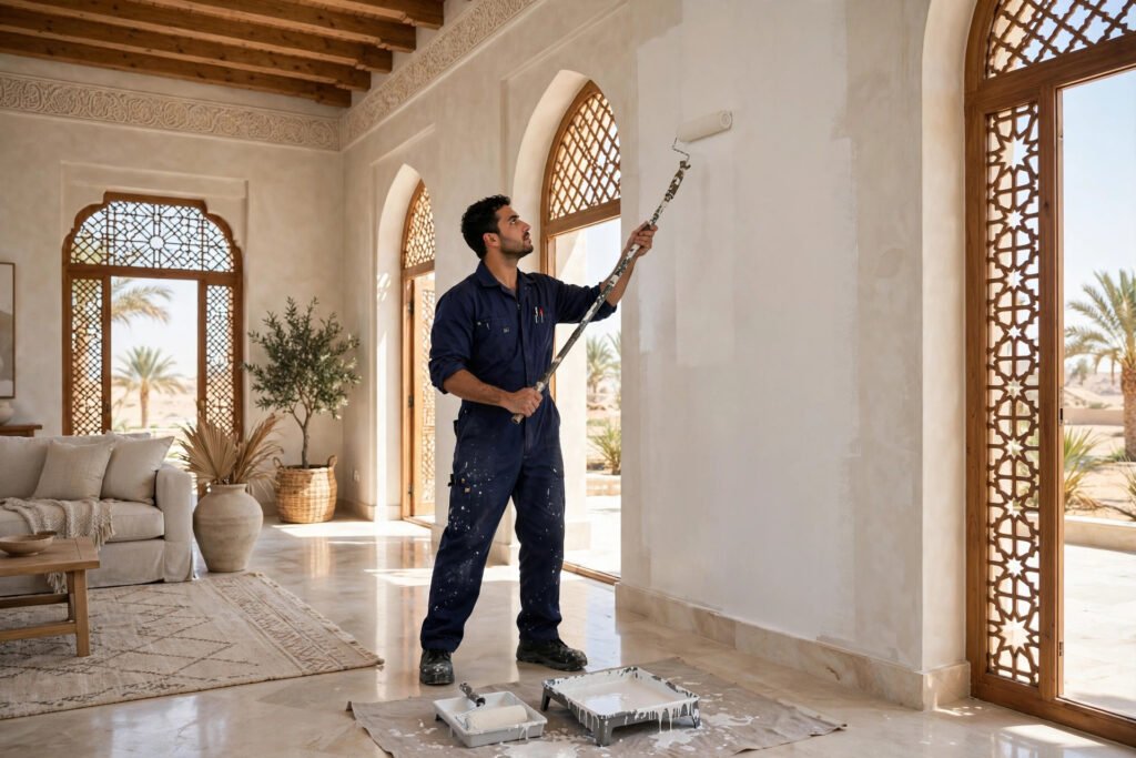 Professional painter rolling fresh paint on interior villa wall during villa painting in Riyadh project