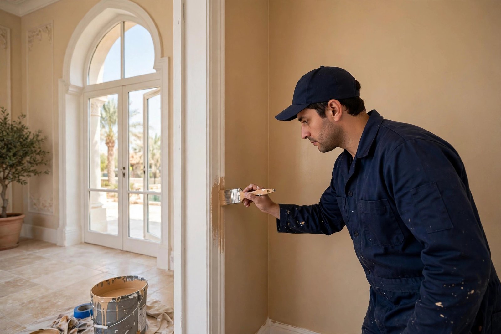 Painter cutting in a wall edge with a brush during interior villa painting in Riyadh