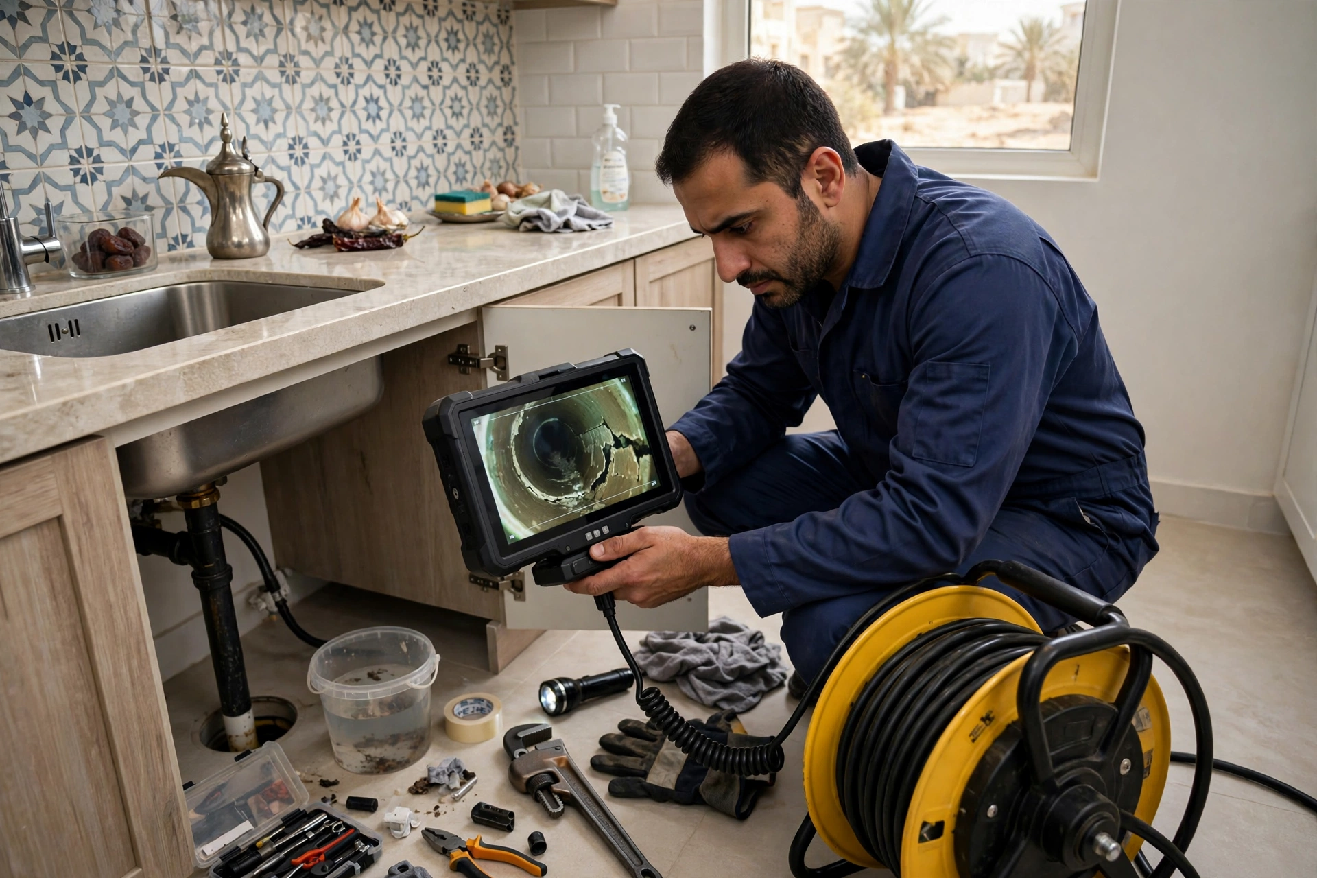 Plumber performing drain camera inspection to find the root cause of a clogged drain in Riyadh