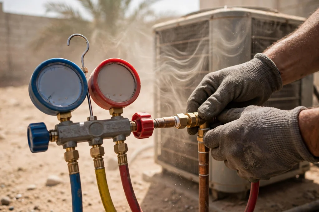 Manifold gauges connected to an outdoor condenser during central AC repair Riyadh service call
