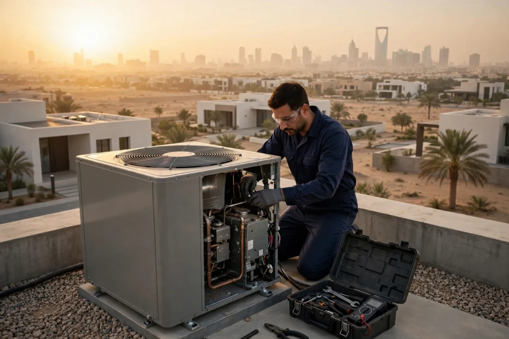 HVAC technician performing central AC repair in Riyadh on a rooftop ducted unit at golden hour