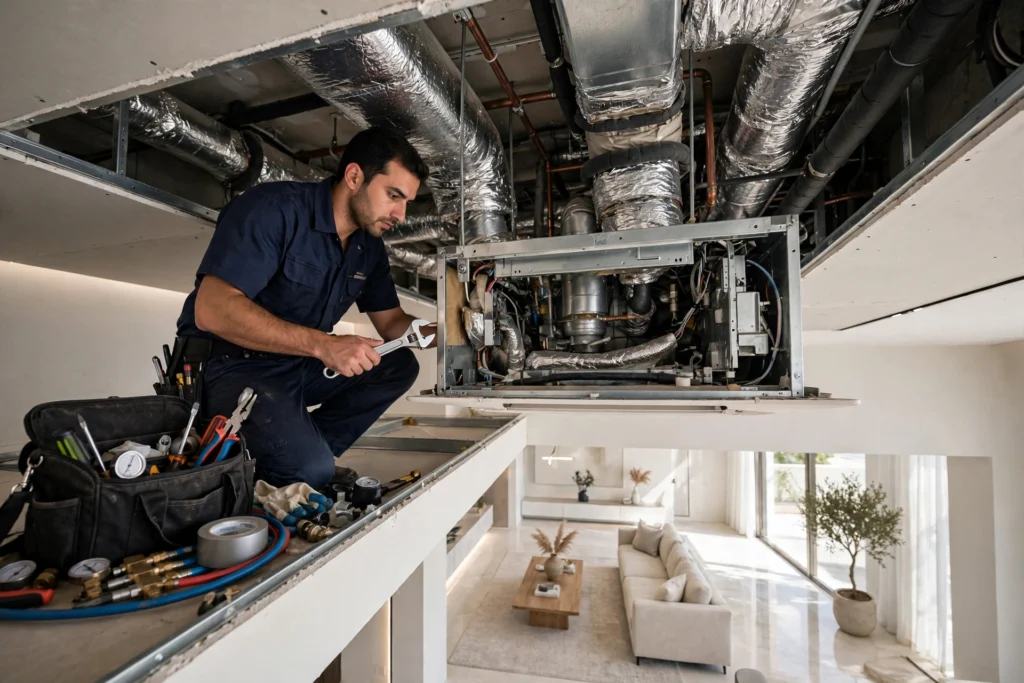Technician servicing an indoor ducted air handler during central AC repair in Riyadh villa