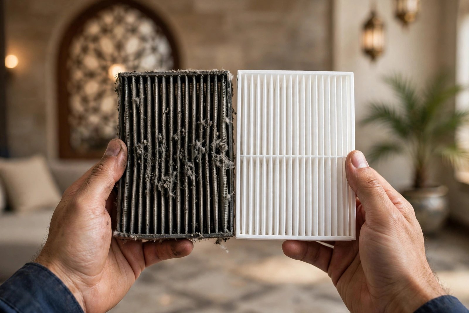 Dirty vs clean split AC air filter, clogged filters are the top cause of AC not cooling in Riyadh