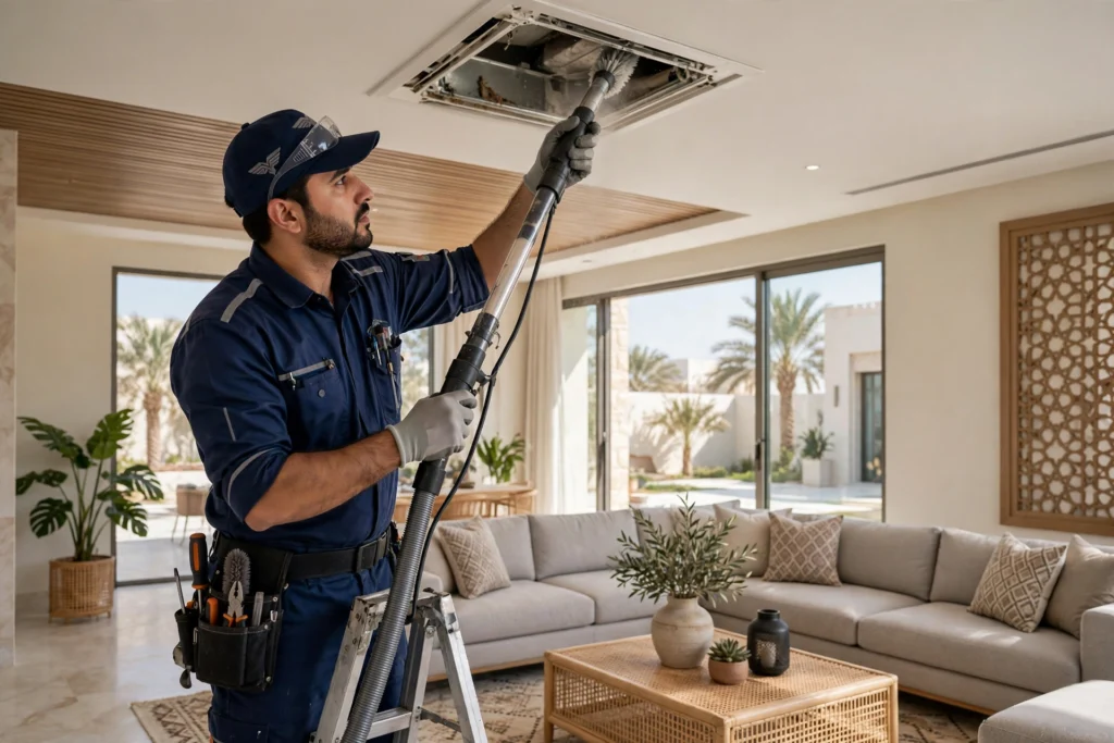 Technician cleaning a ceiling AC duct vent in a Saudi villa living room