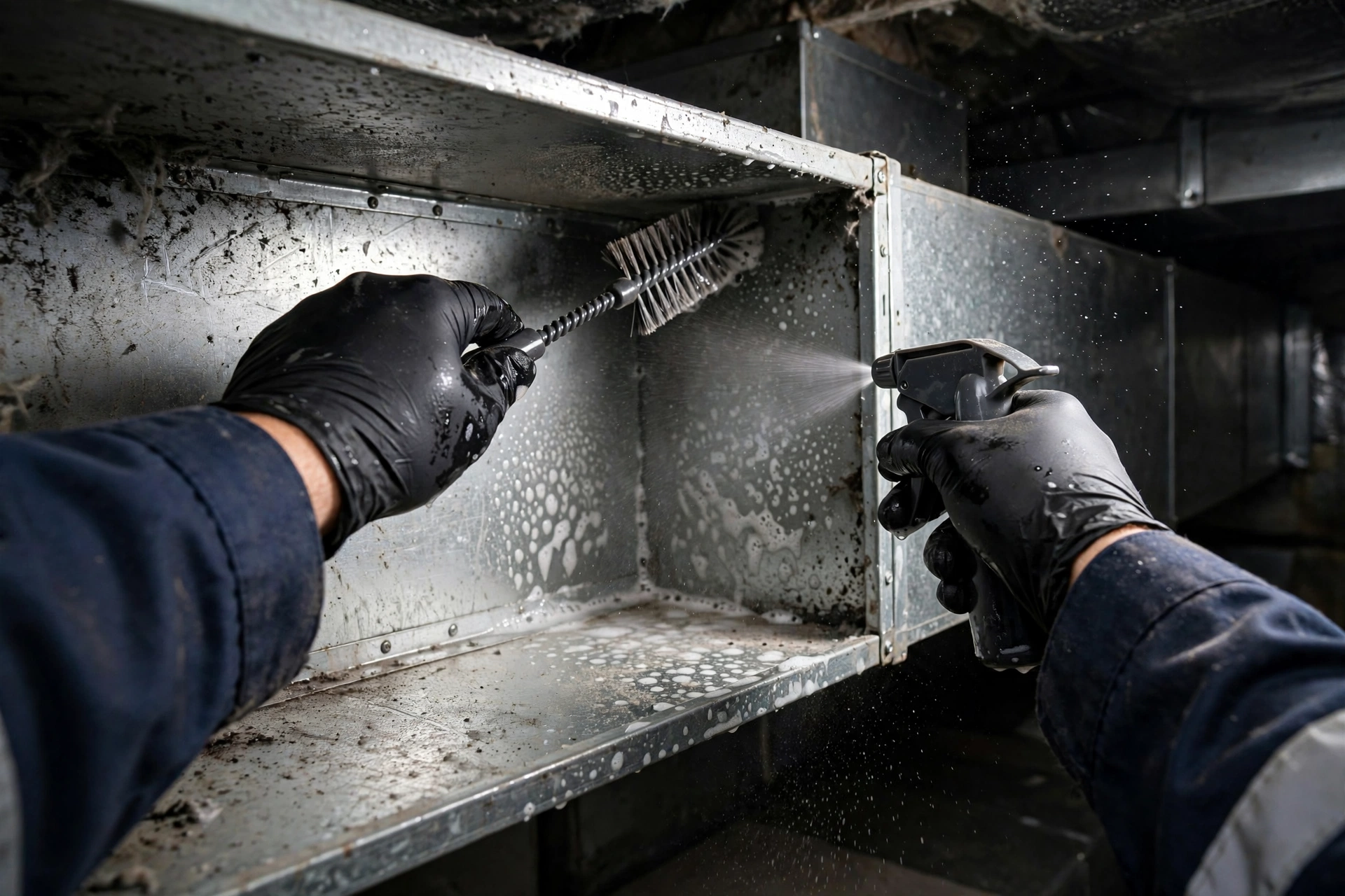 Close-up of technician sanitizing duct interior