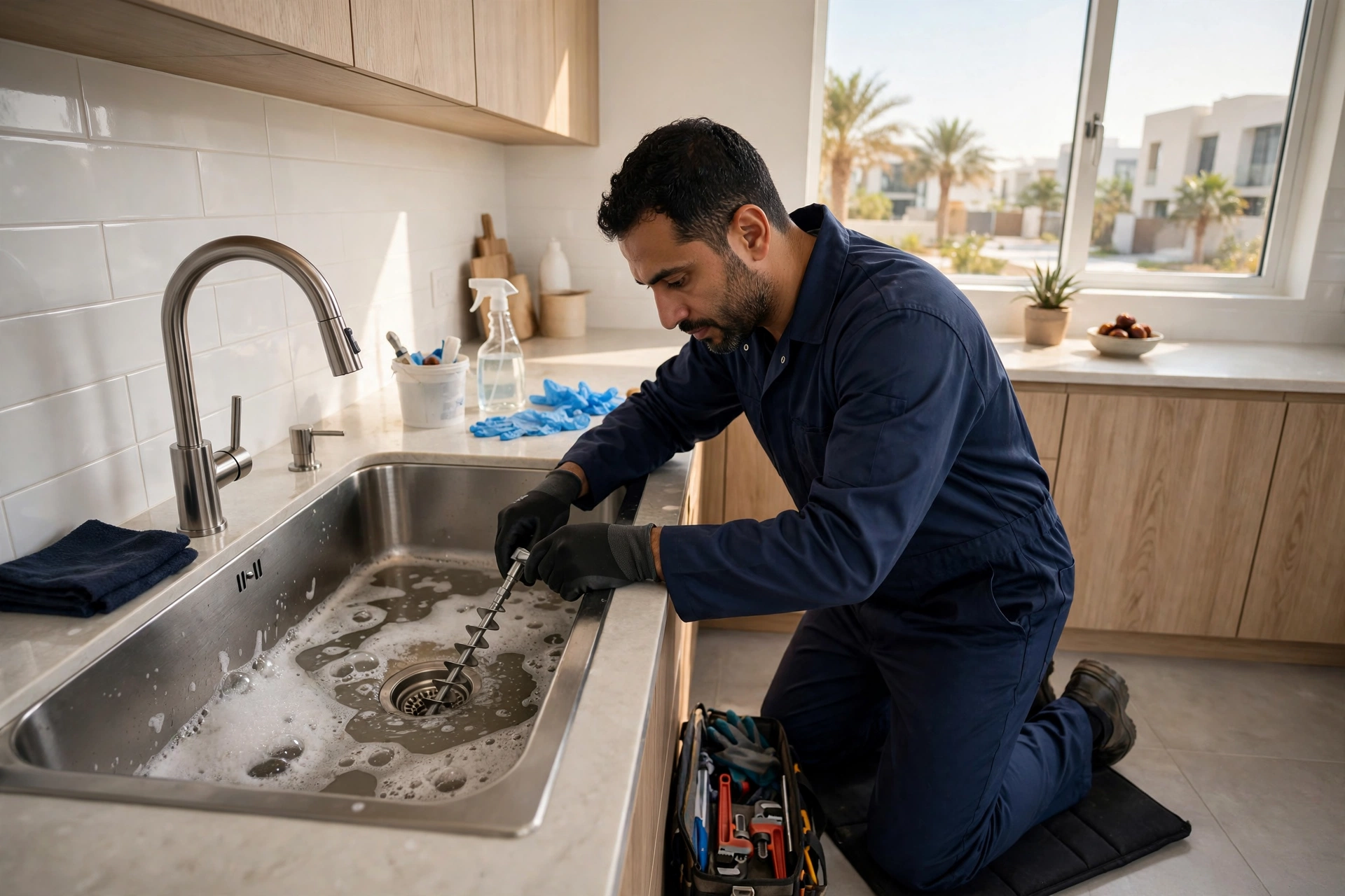 Professional drain snaking equipment clearing a kitchen sink pipe in Riyadh