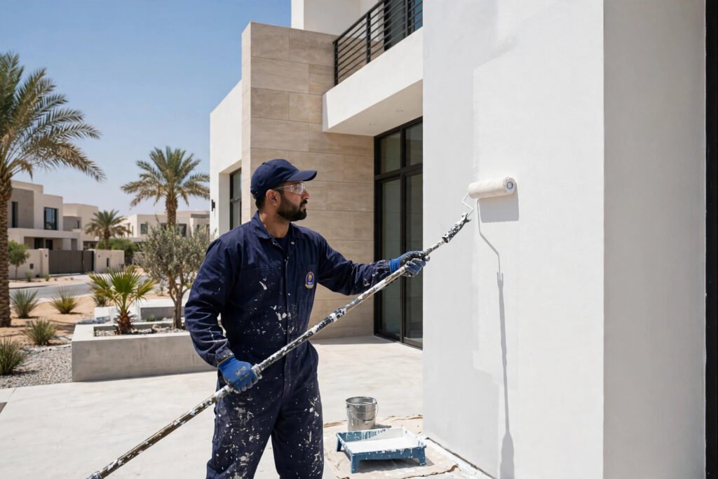 Uniformed painter rolling fresh light-colored heat-resistant paint on a modern Riyadh villa facade — exterior villa painting Riyadh