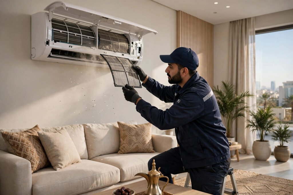 Technician inspecting a split AC indoor unit not cooling in a Riyadh home