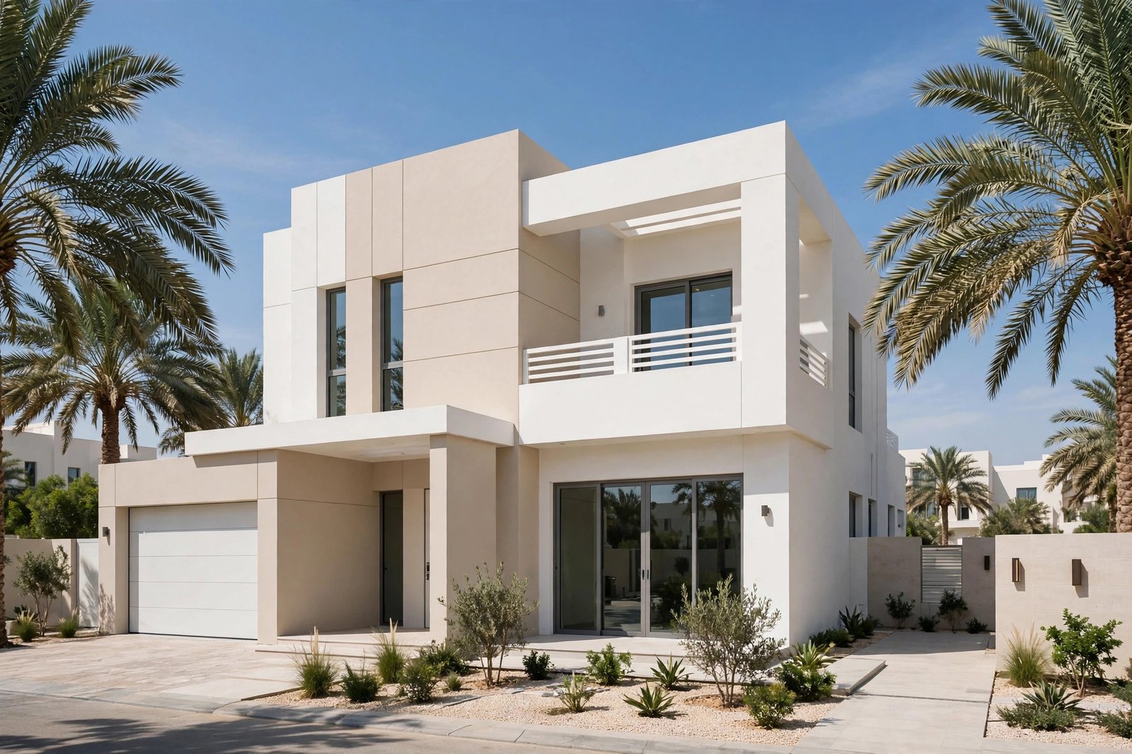 Freshly completed exterior villa painting Riyadh project with light heat-reflective colors under a blue sky