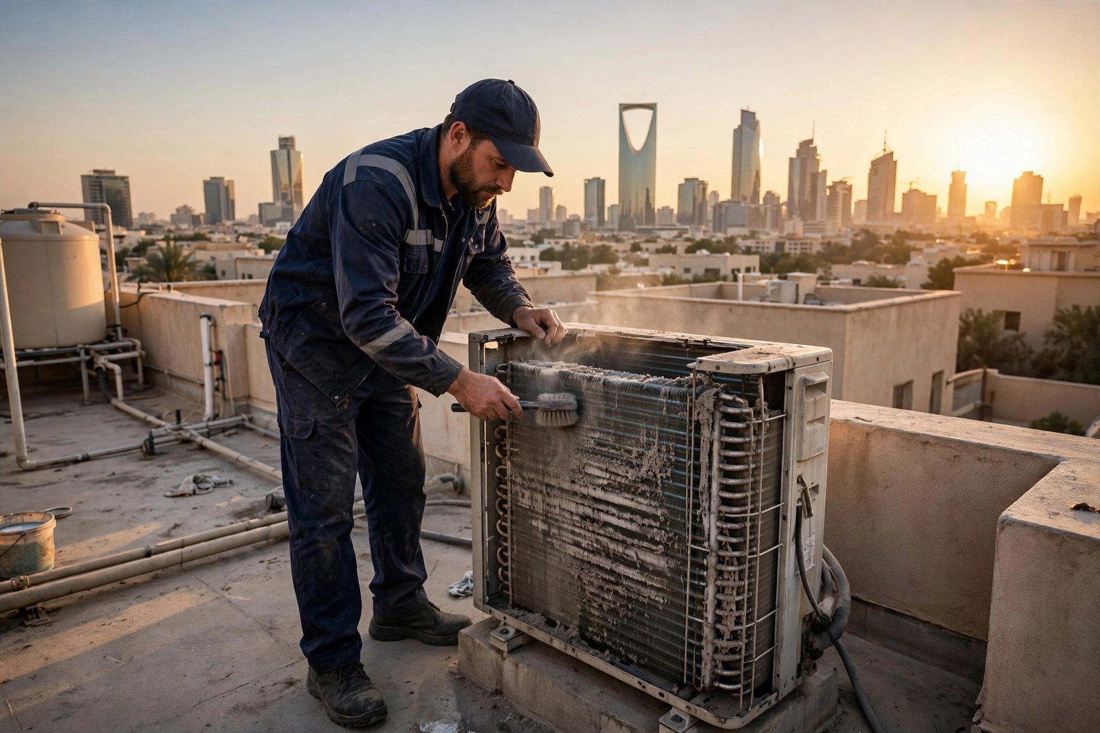 Technician cleaning dusty outdoor condenser coil to fix weak split AC cooling in Riyadh