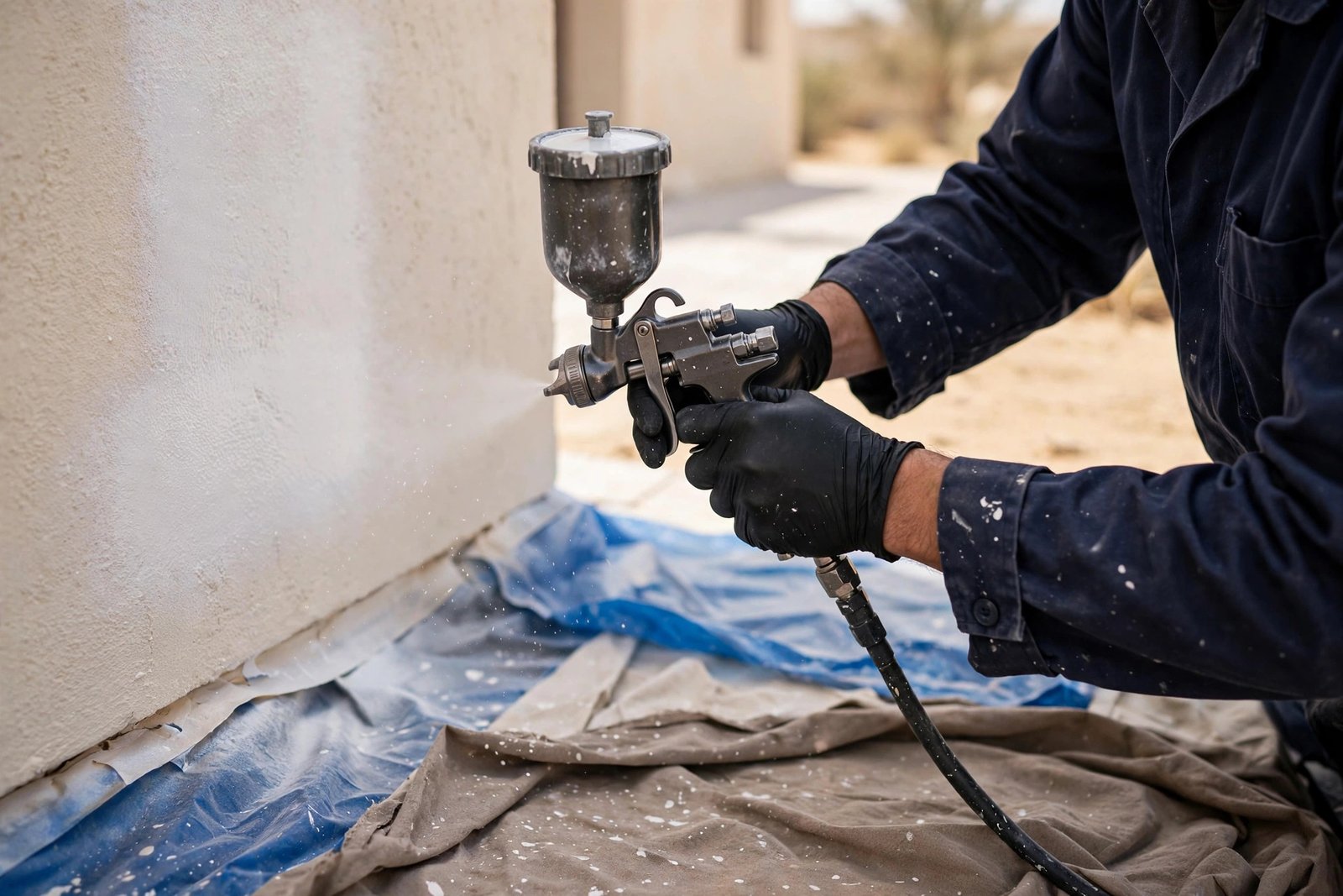 Technician spray-painting a villa wall during exterior villa painting Riyadh with premium heat-resistant paint