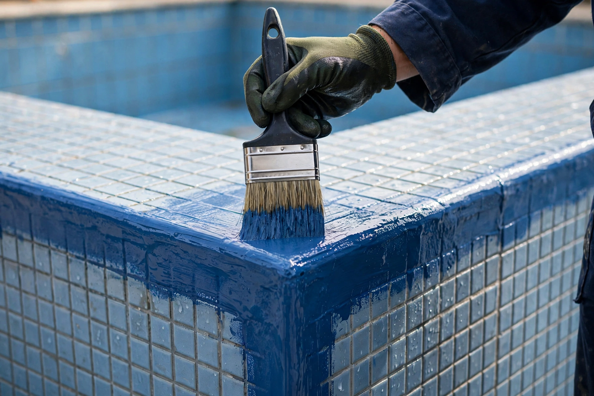 Close-up of swimming pool waterproofing Riyadh membrane application at a pool edge