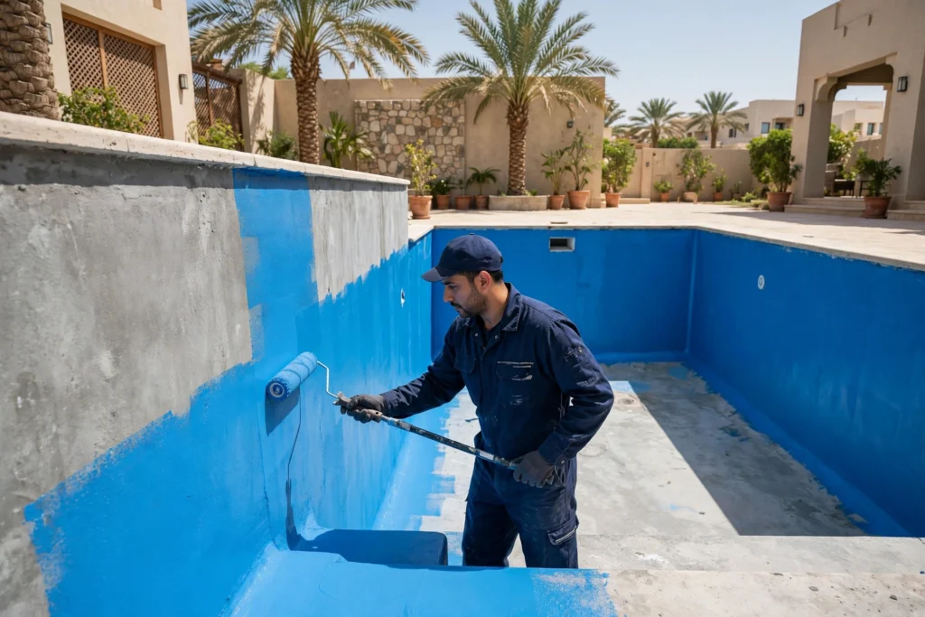 Technician applying blue swimming pool waterproofing Riyadh coating inside a villa pool
