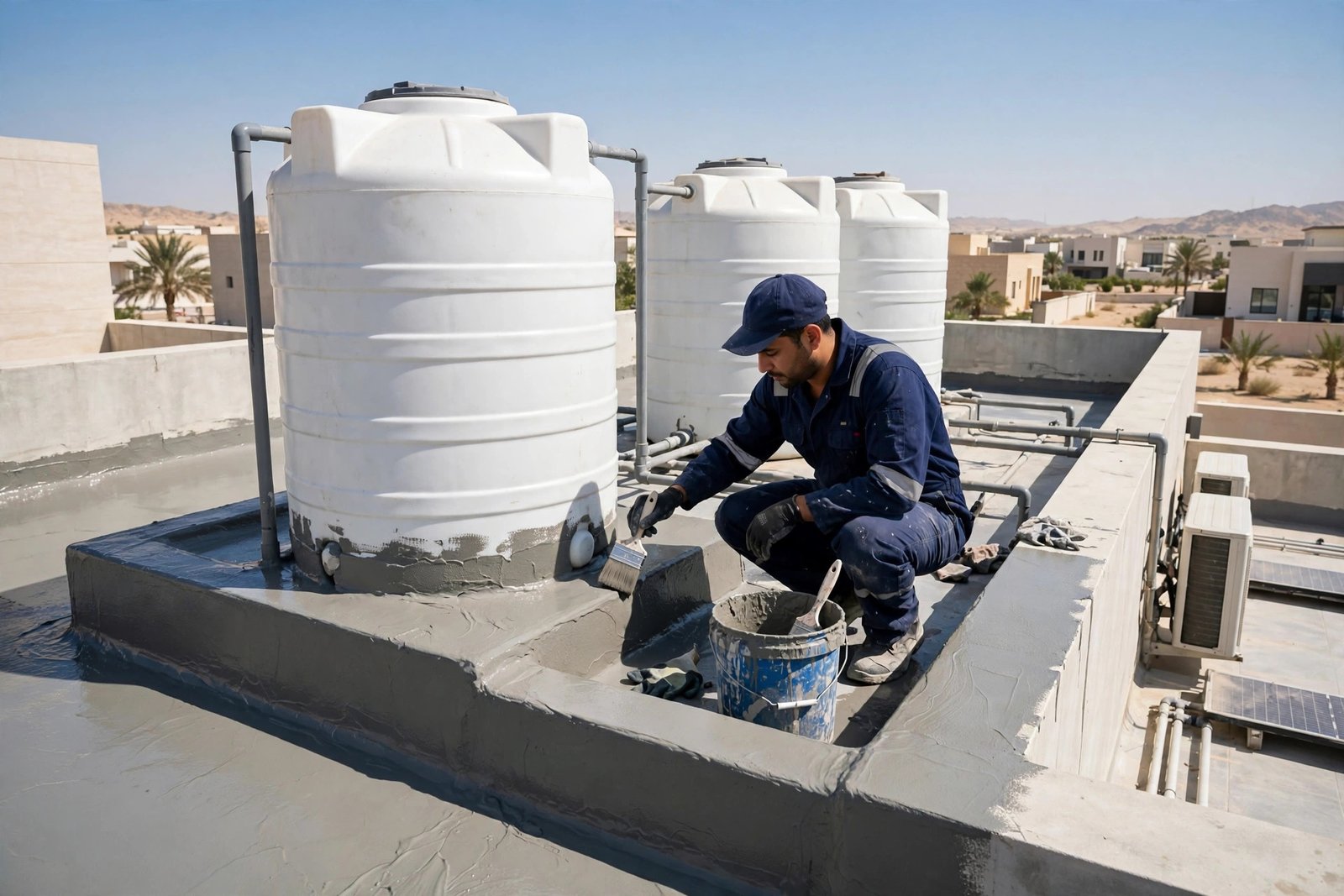 Cementitious waterproof coating applied around rooftop water tank in Riyadh