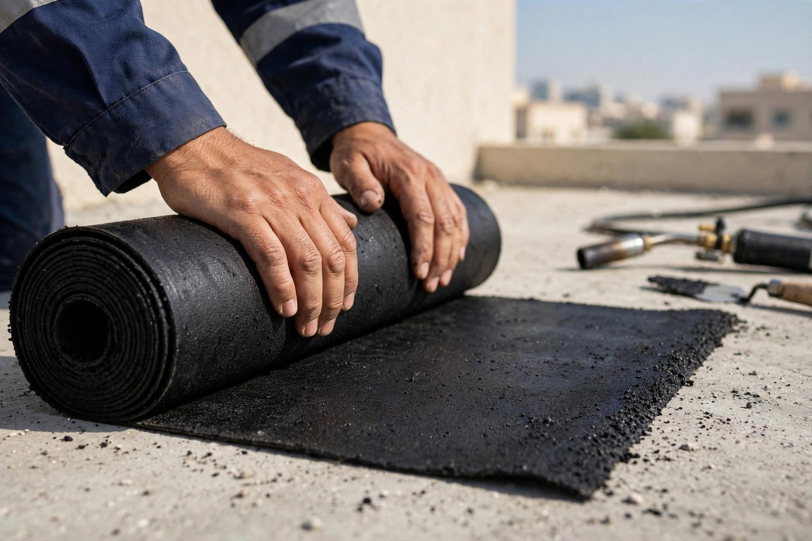 Bituminous membrane installation for roof waterproofing in Riyadh villa