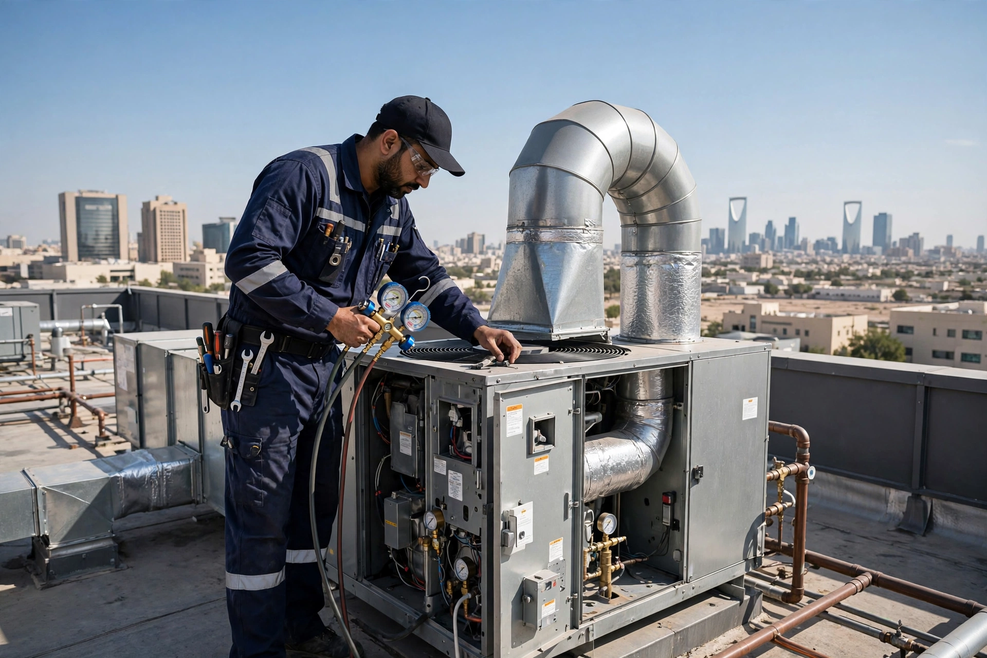 Technician servicing a rooftop ducted AC unit