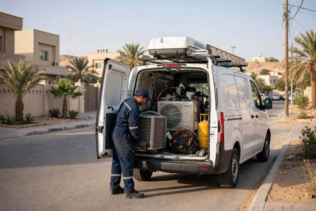 professional AC service van on a residential Riyadh street, technician loading equipment