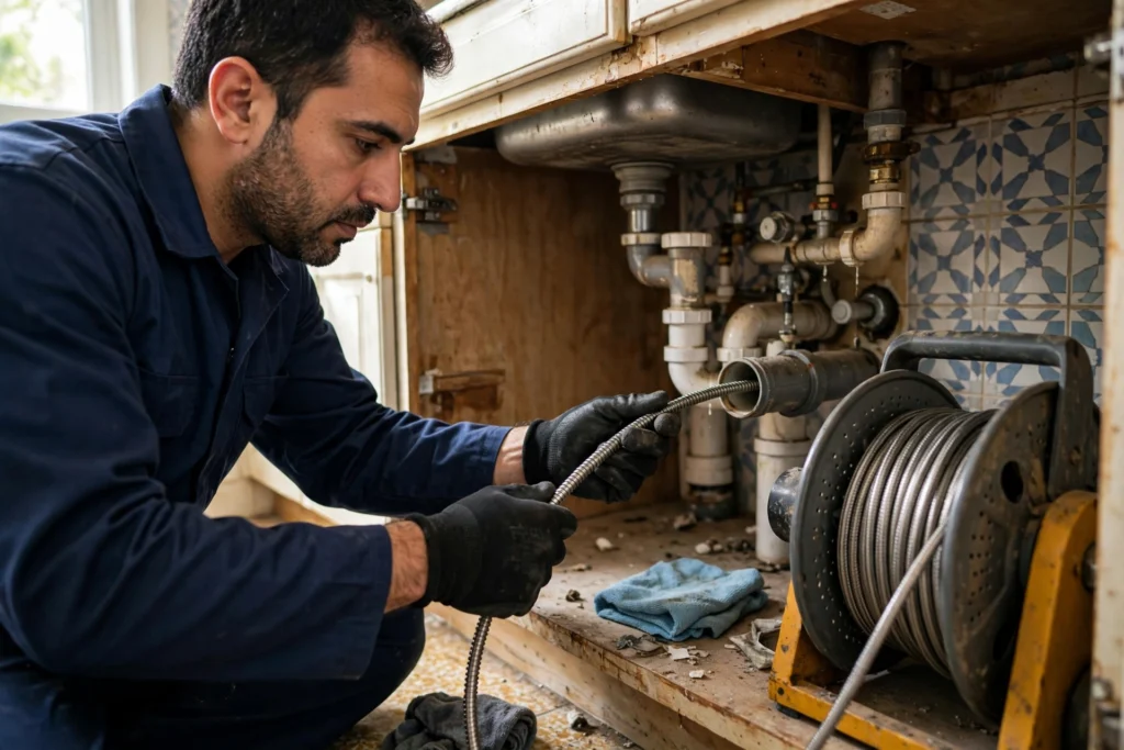 Plumber snaking a clogged kitchen sink in a bright Saudi kitchen in Riyadh