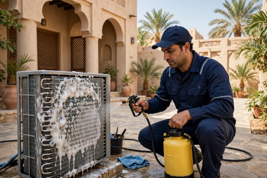 Technician coil washing a split AC outdoor condenser unit during split AC maintenance Riyadh visit at a Riyadh villa