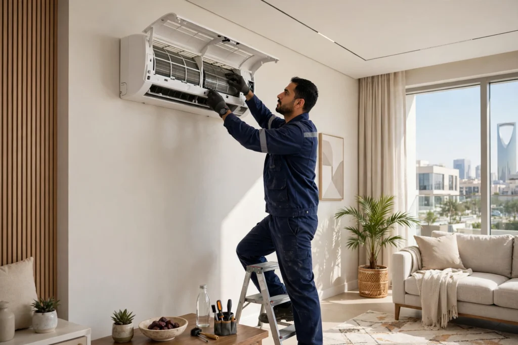 Certified technician performing split AC maintenance Riyadh service on a wall-mounted indoor unit in a Saudi home