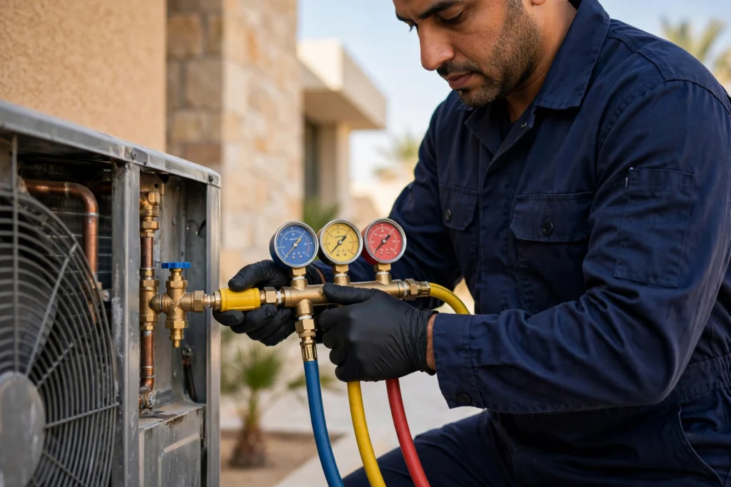 Technician checking refrigerant pressure with gauges during professional split AC maintenance Riyadh service