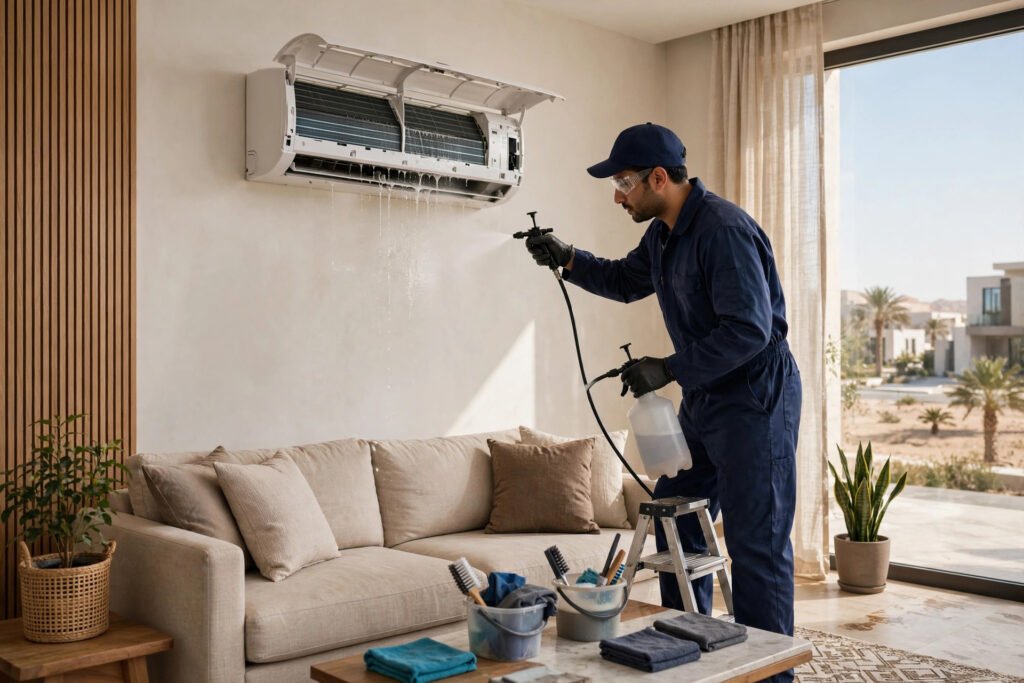 AC technician performing a deep chemical wash on a wall-mounted split AC indoor unit in a Saudi home living room