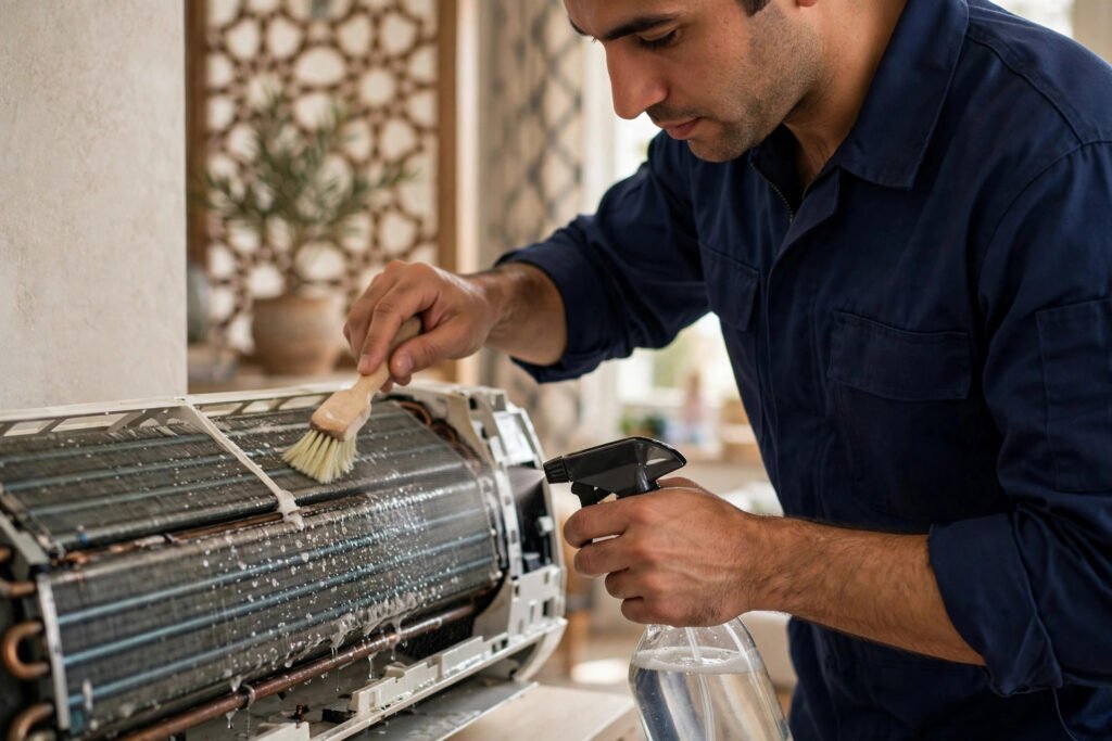 Close-up of AC technician deep-cleaning evaporator coils of an open split AC indoor unit