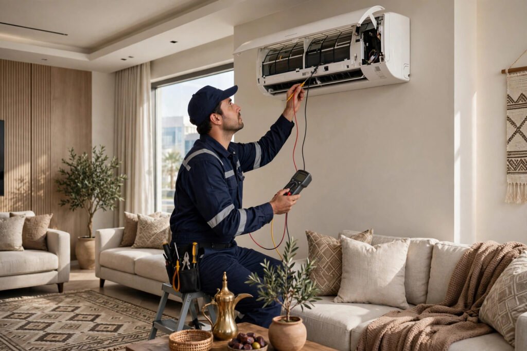 AC technician diagnosing a wall-mounted split AC indoor unit with a multimeter in a modern Saudi home living room