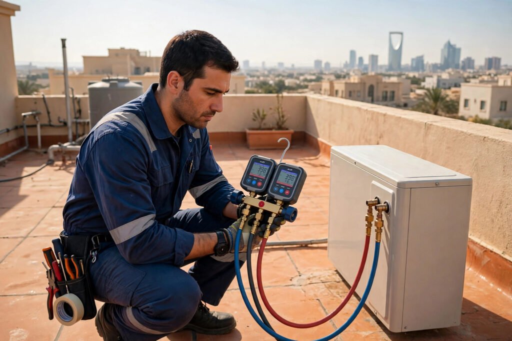 AC technician holding digital manifold gauges connected to an outdoor AC unit on a Riyadh villa rooftop