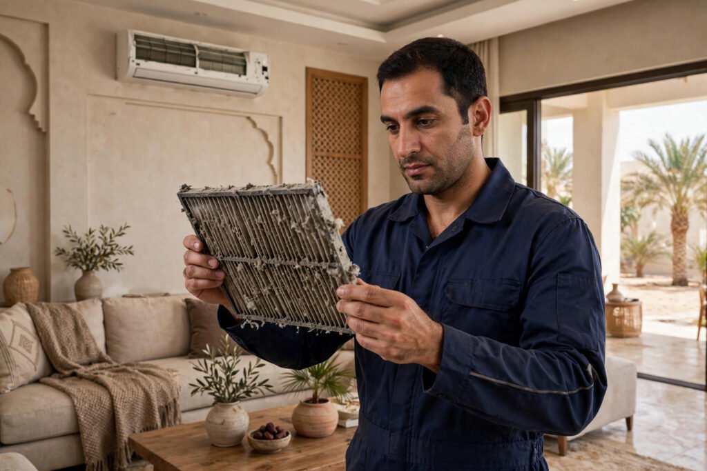 AC technician inspecting a dusty air filter removed from a split AC unit in a Saudi villa