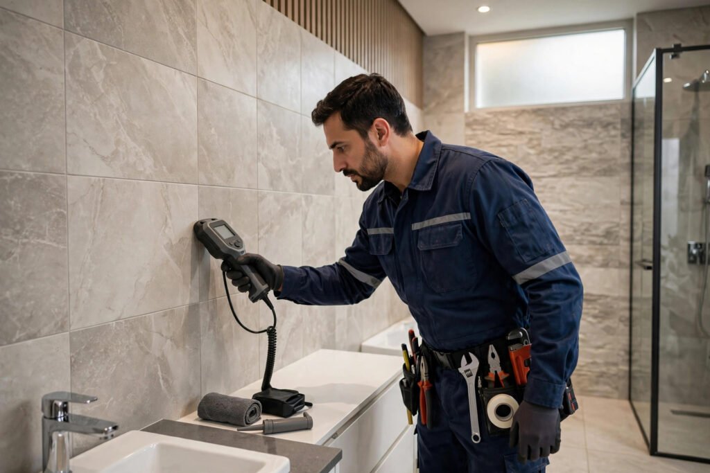 Plumber pressing acoustic leak detection device against tiled bathroom wall