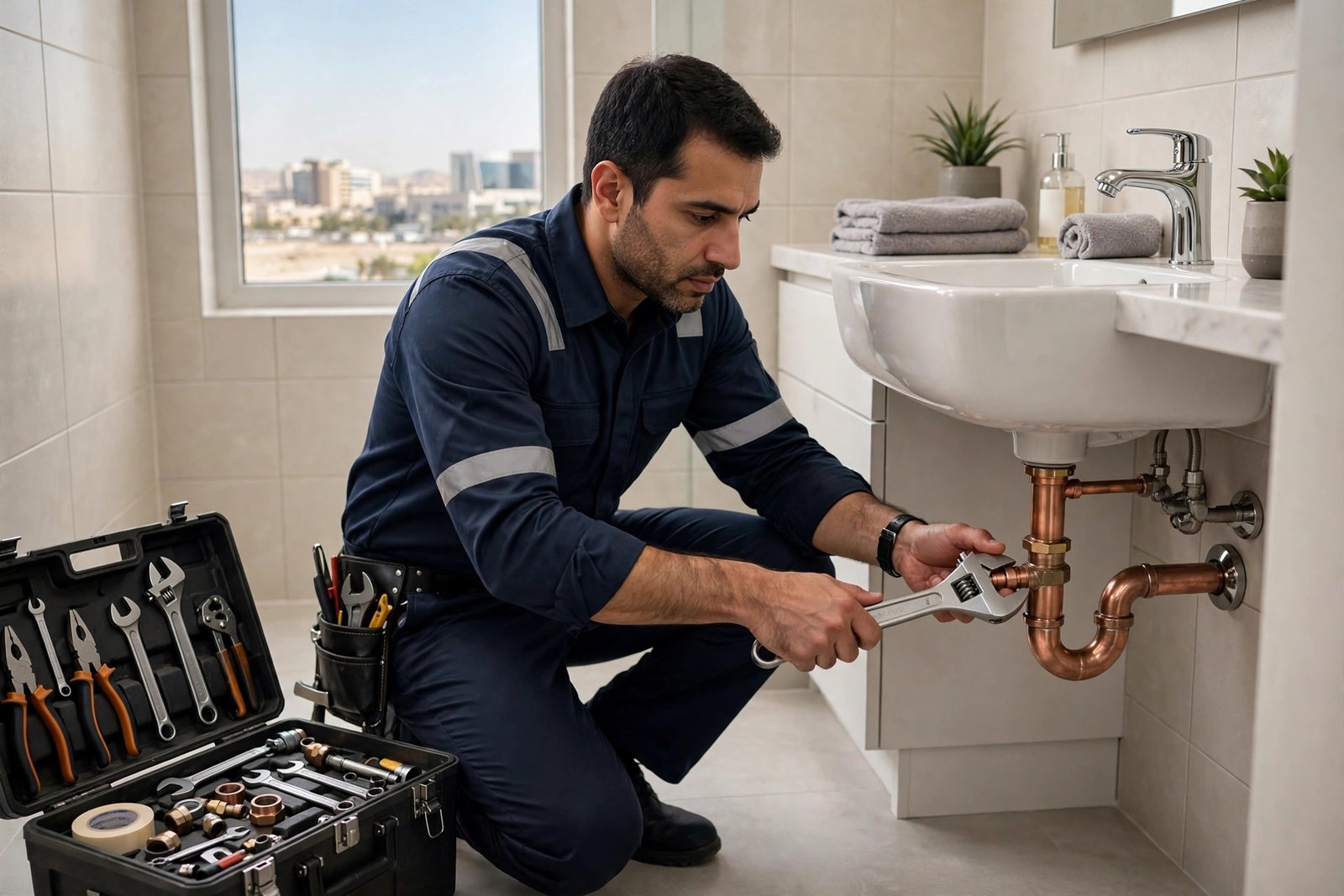 Plumber tightening copper pipe fitting under bathroom sink