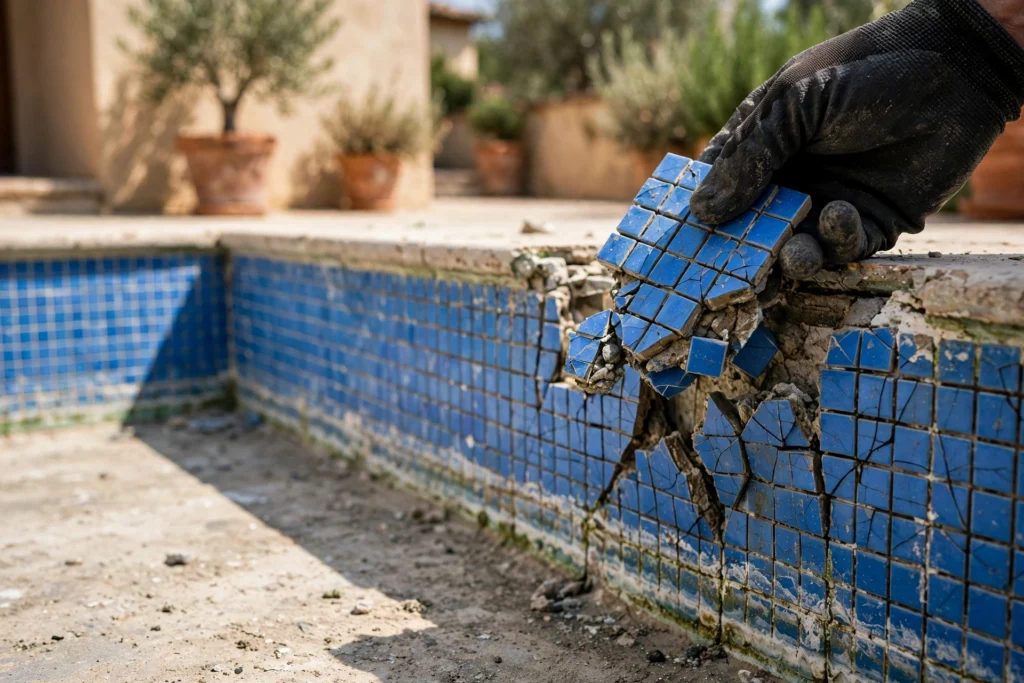 pool tile repair Saudi Arabia cracked tiles at the waterline
