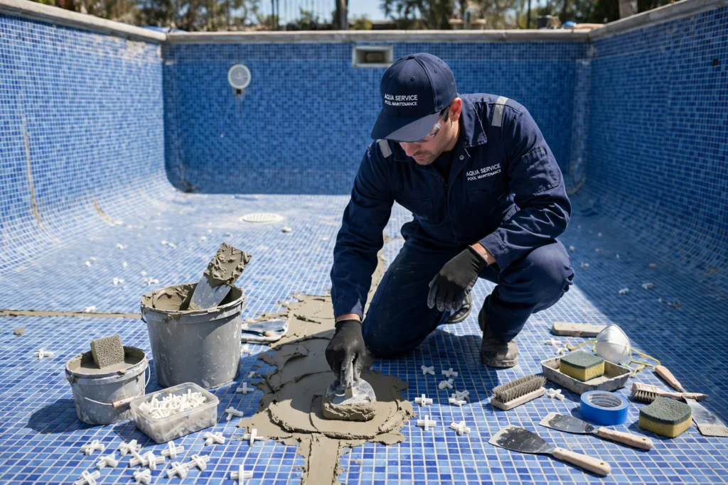 pool tile repair Saudi Arabia worker regrouting mosaic tiles